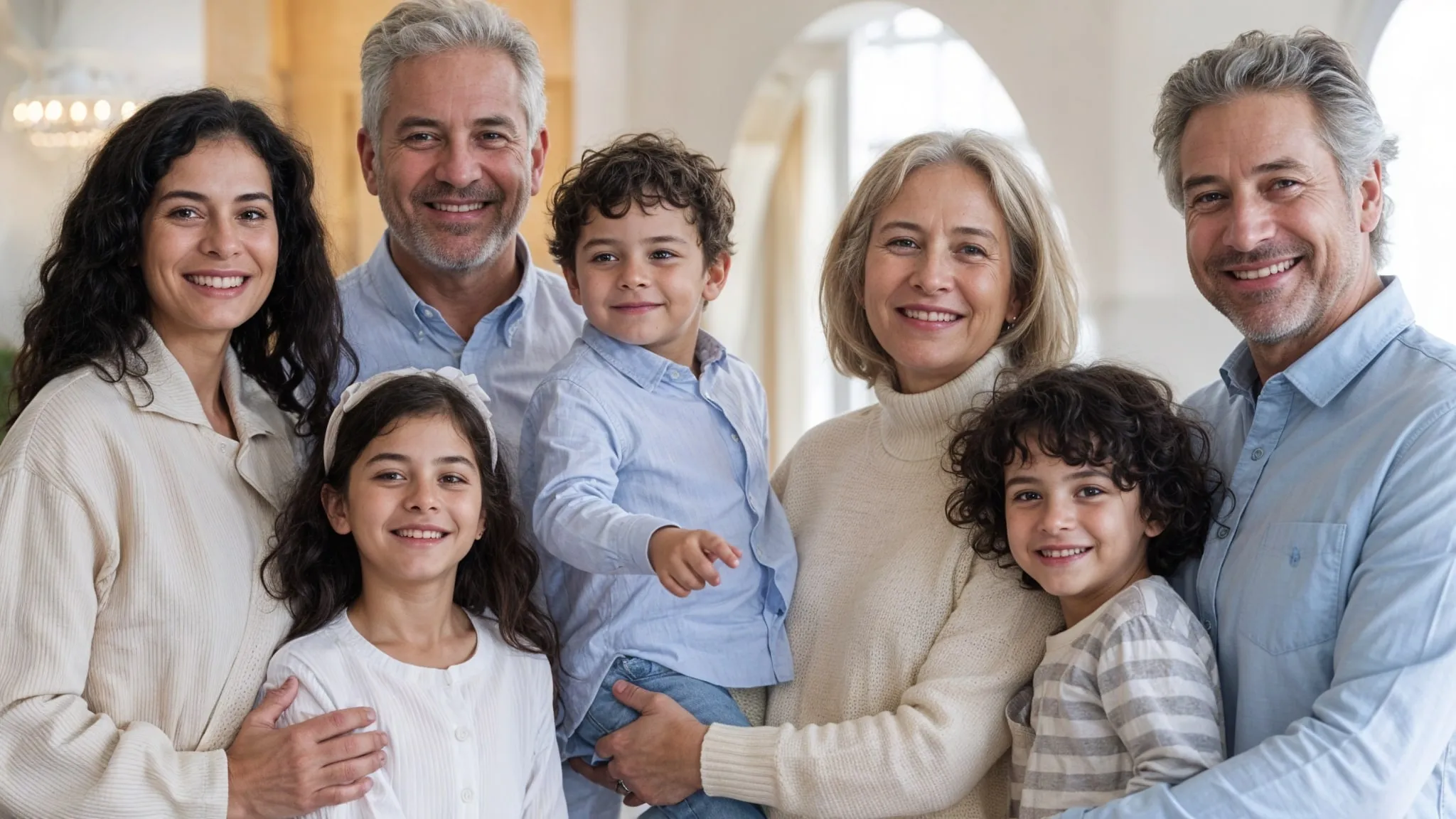 Una familia de tres generaciones reunida y sonriendo